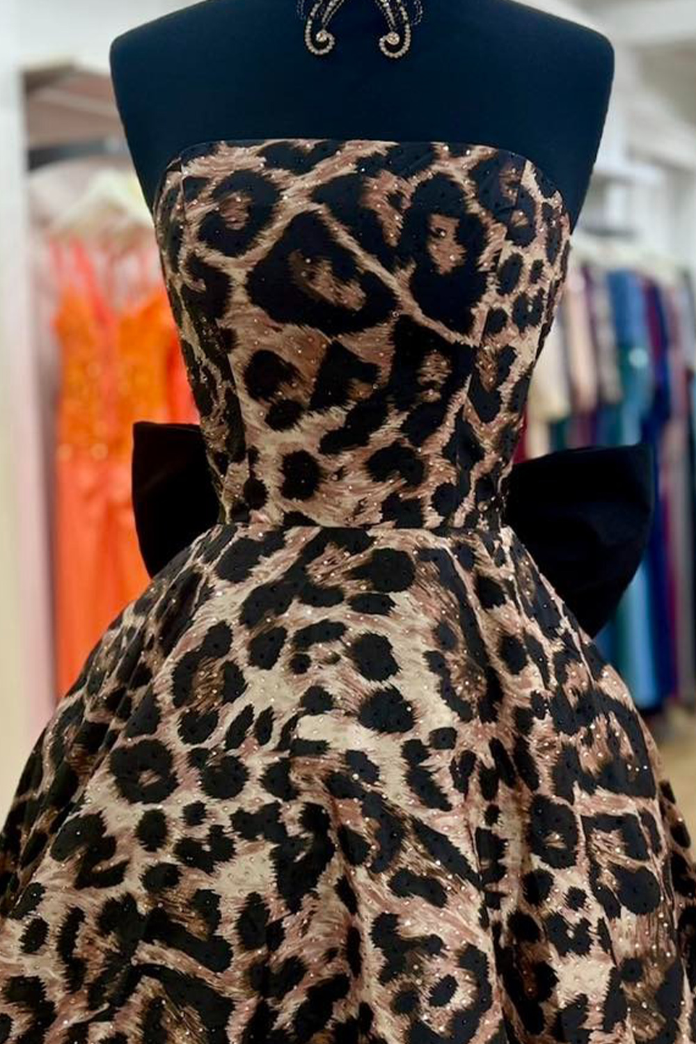 Brown Leopard Print Ruched Strapless A Line Short Homecoming Dress with Bow