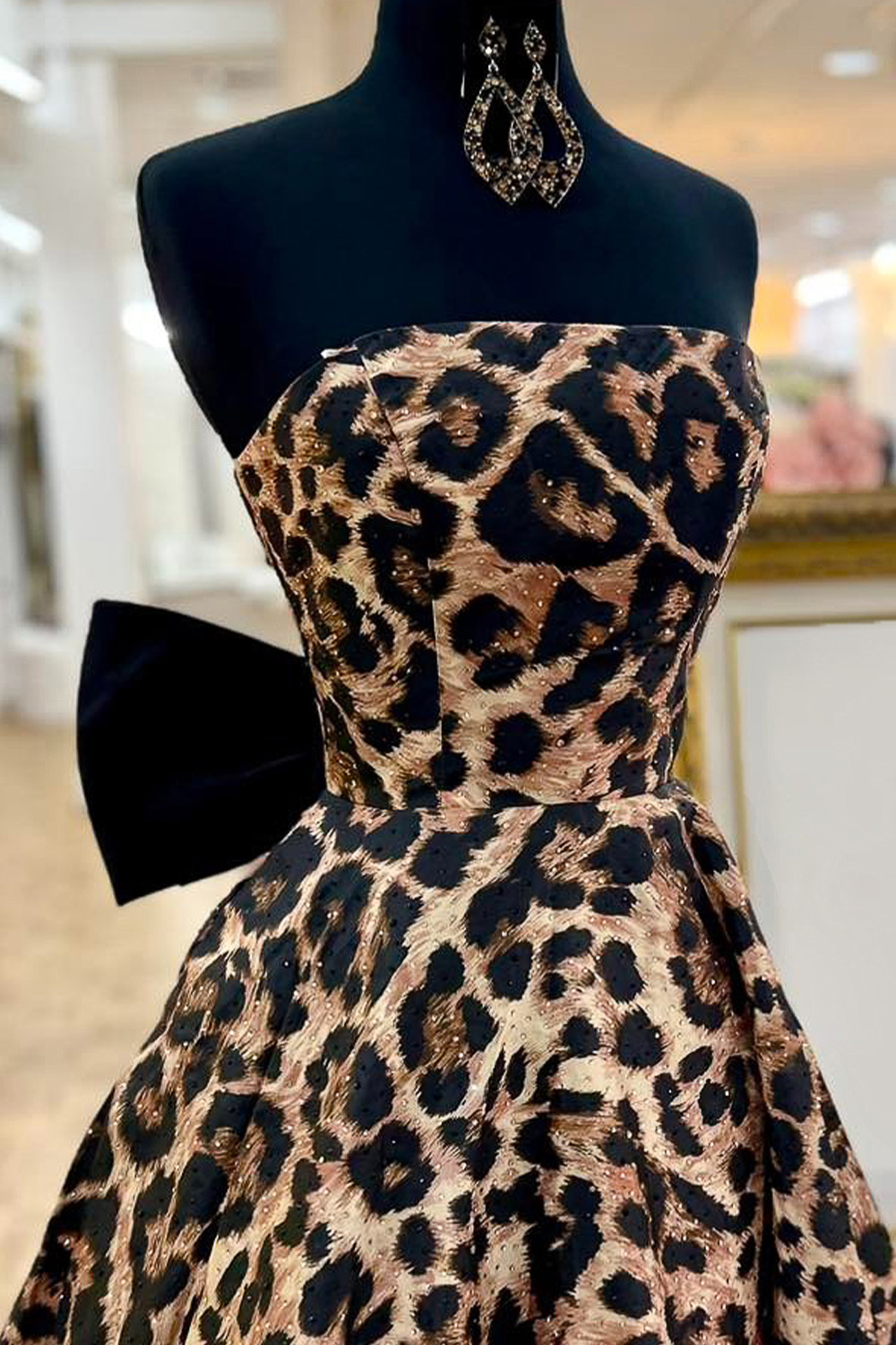 Brown Leopard Print Ruched Strapless A Line Short Homecoming Dress with Bow