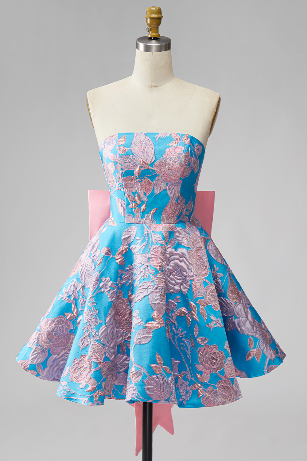 Blue and Fuchsia Floral A Line Strapless Short Homecoming Dress with Bow