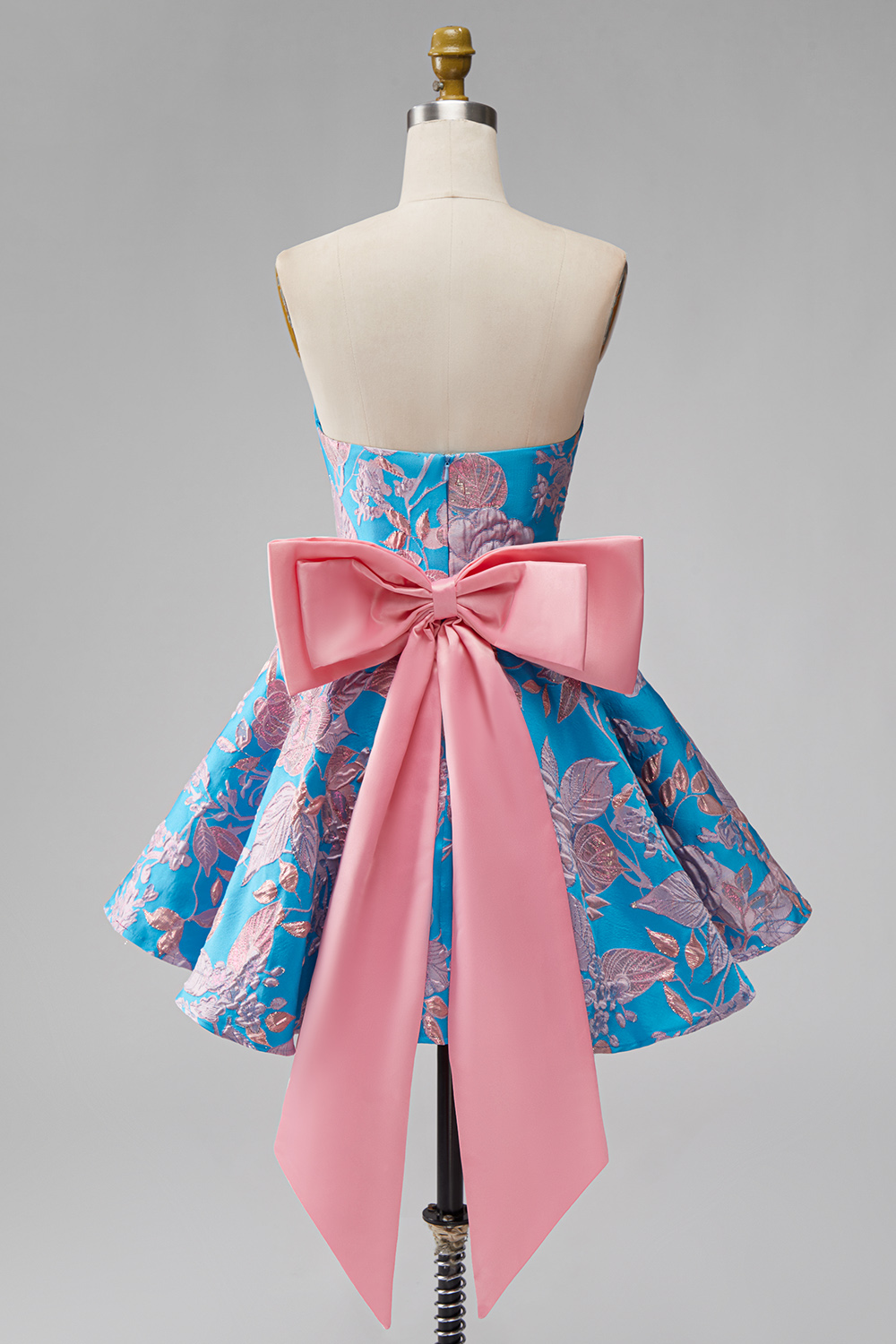 Blue and Fuchsia Floral A Line Strapless Short Homecoming Dress with Bow