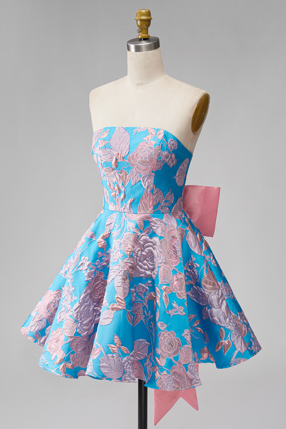 Blue and Fuchsia Floral A Line Strapless Short Homecoming Dress with Bow