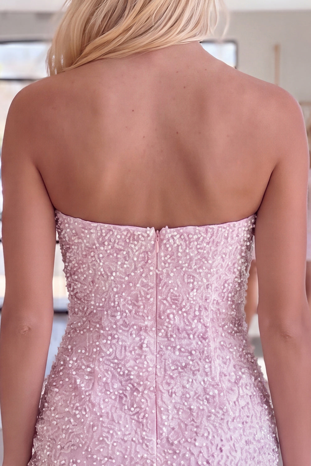 Pink Beaded Strapless Short Tight Homecoming Dress