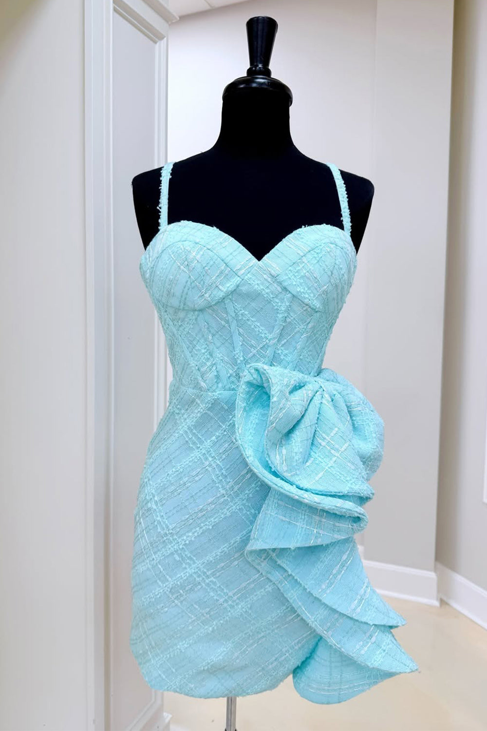 Blue Ruffled Corset Spaghetti Strap Tight Short Homecoming Dress