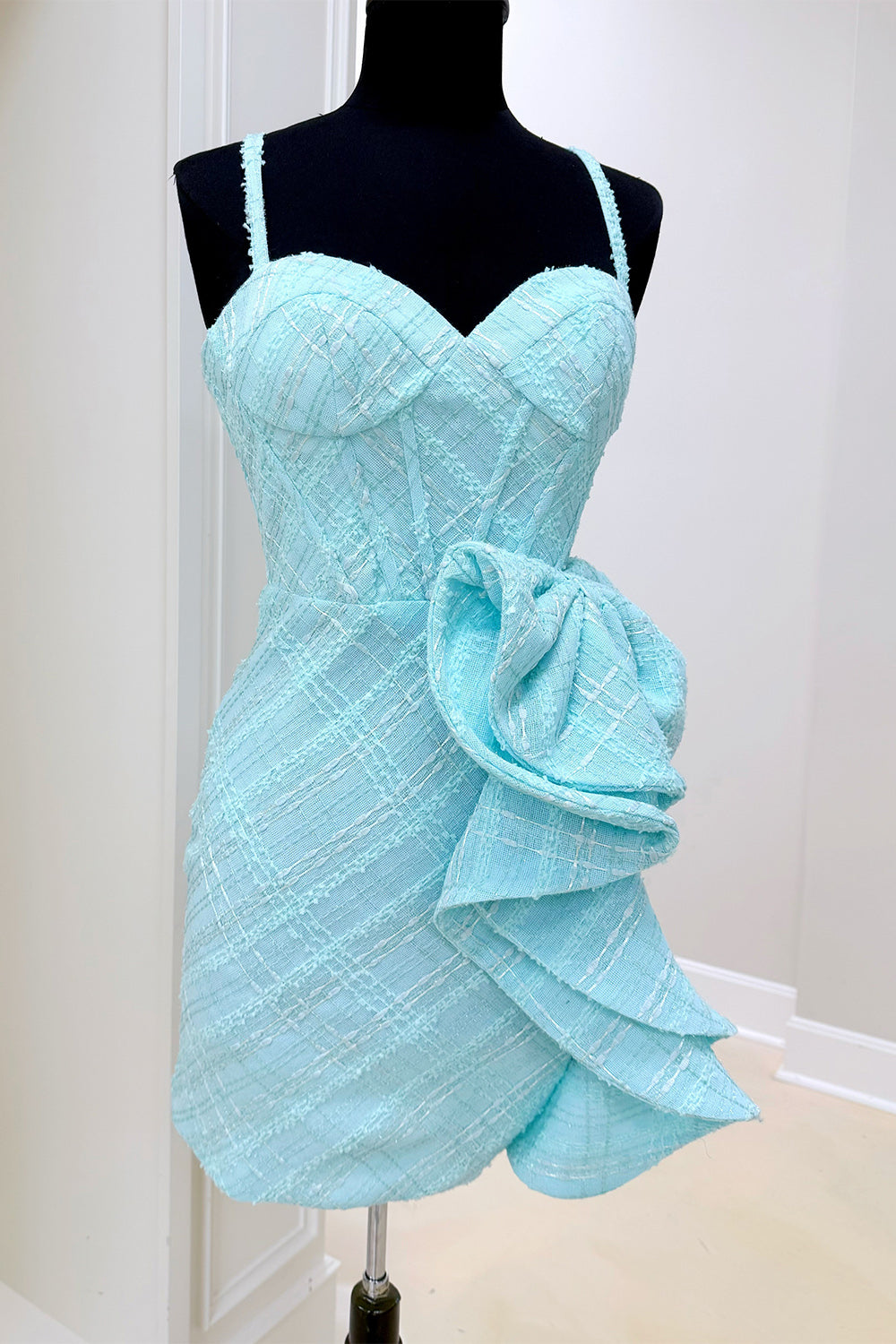 Blue Ruffled Corset Spaghetti Strap Tight Short Homecoming Dress