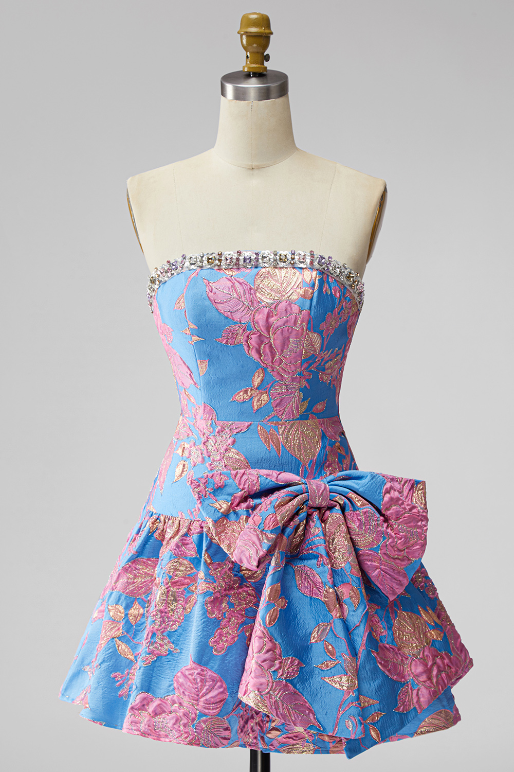 Blue Floral Beaded Strapless Short A Line Homecoming Dress with Bow