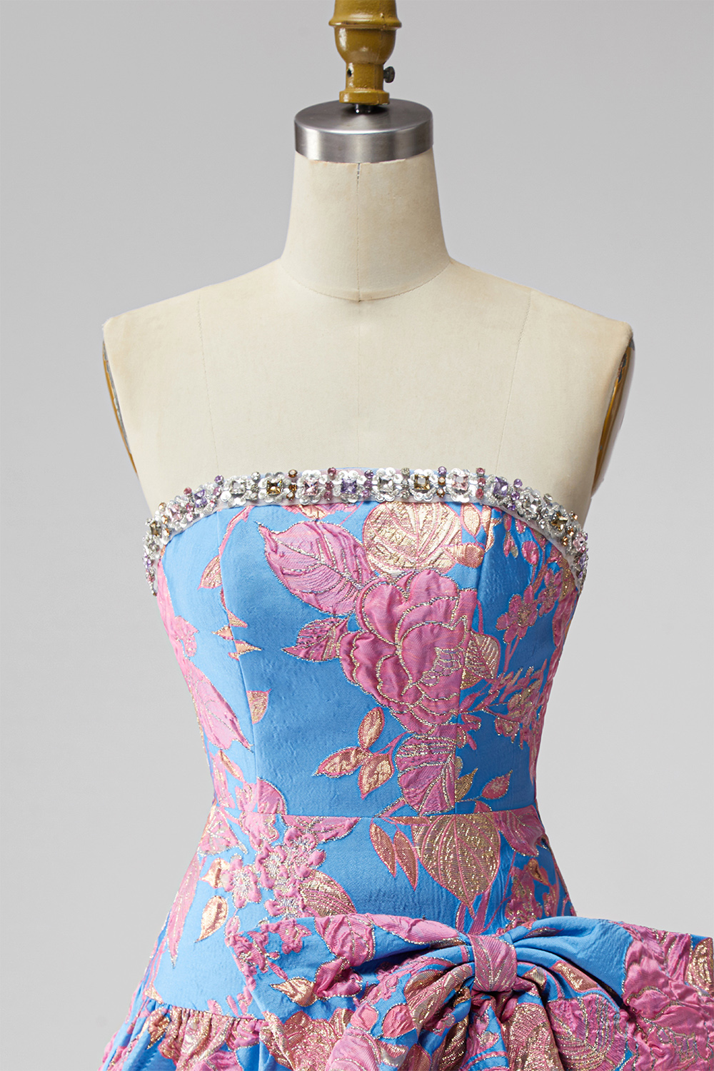 Blue Floral Beaded Strapless Short A Line Homecoming Dress with Bow