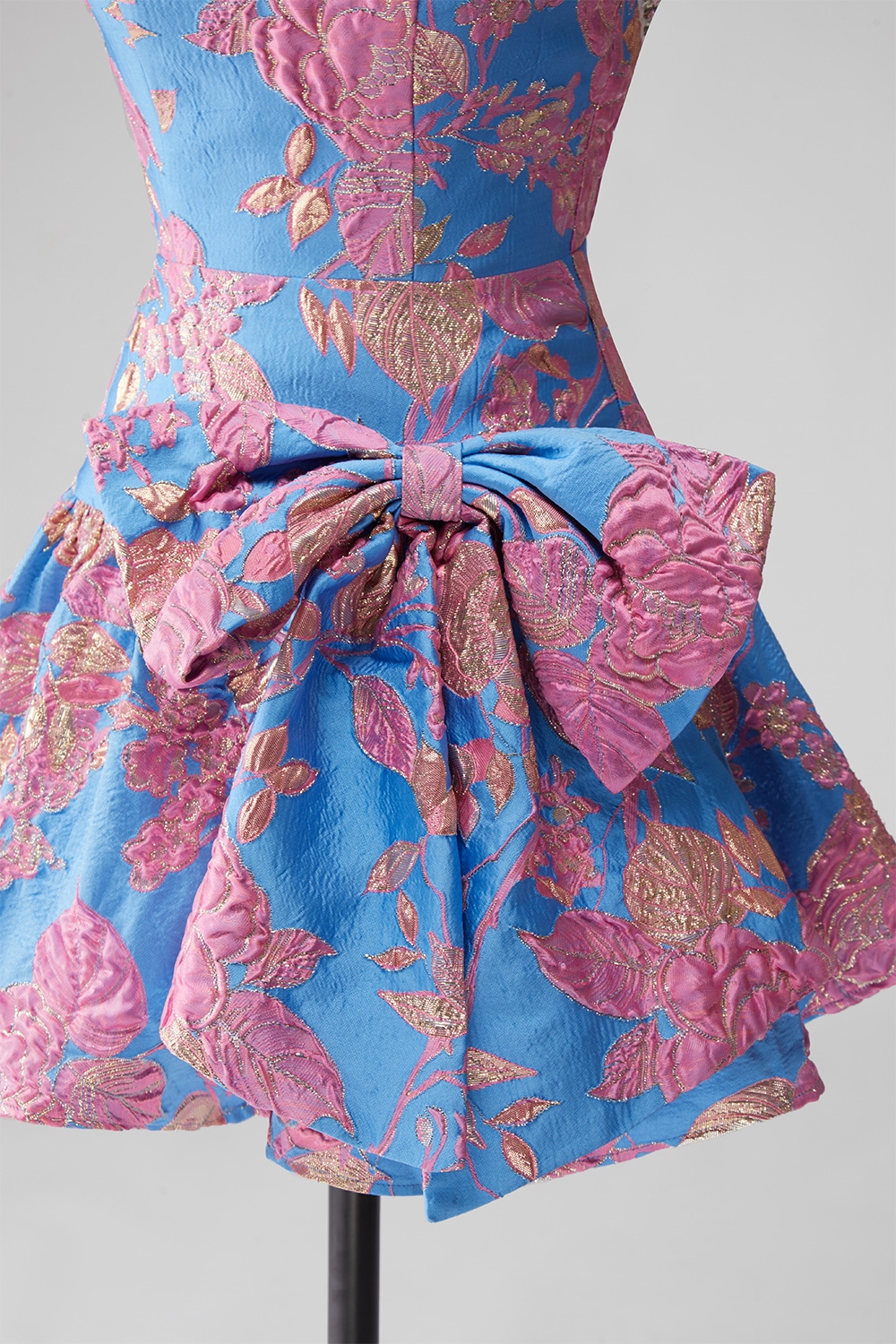 Blue Floral Beaded Strapless Short A Line Homecoming Dress with Bow