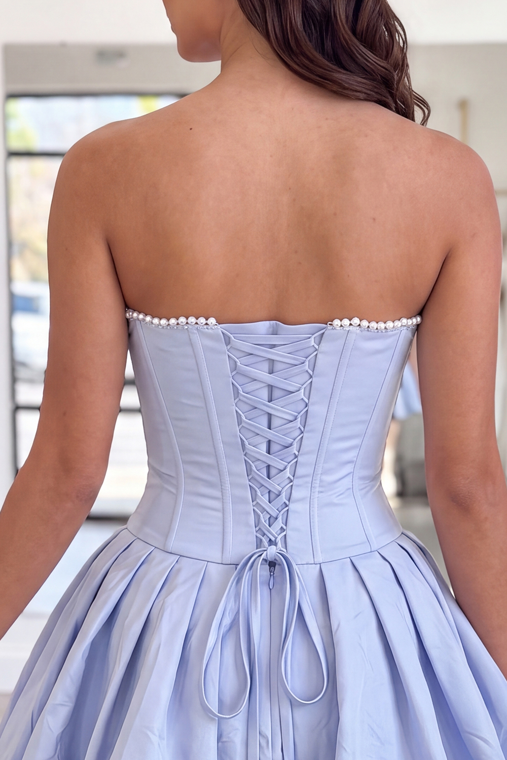 Navy Strapless A Line Beaded Short Corset Homecoming Dress with 3D Flower