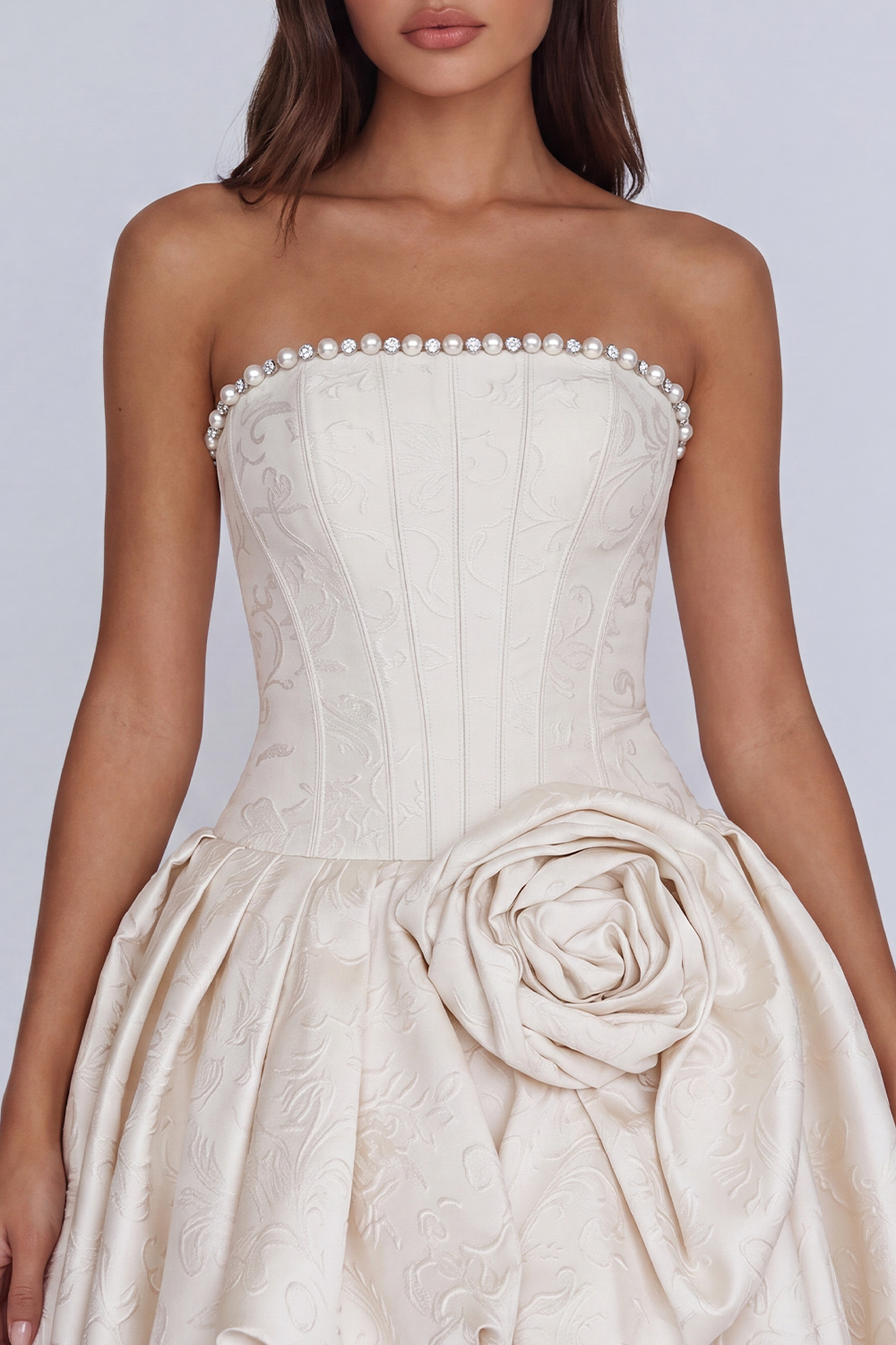 Navy Strapless A Line Beaded Short Corset Homecoming Dress with 3D Flower
