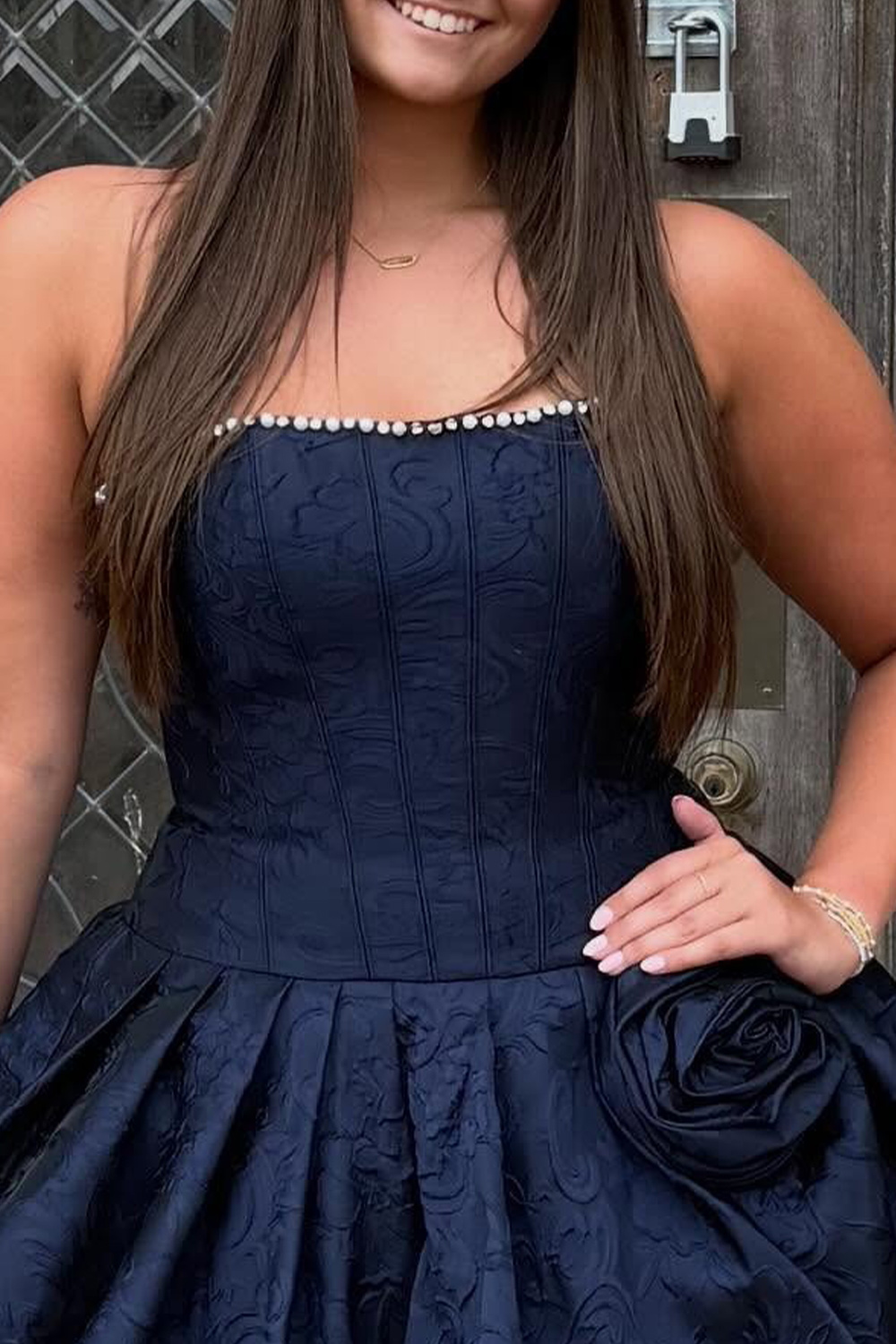 Corset Floral Navy Strapless A Line Beaded Short Homecoming Dress