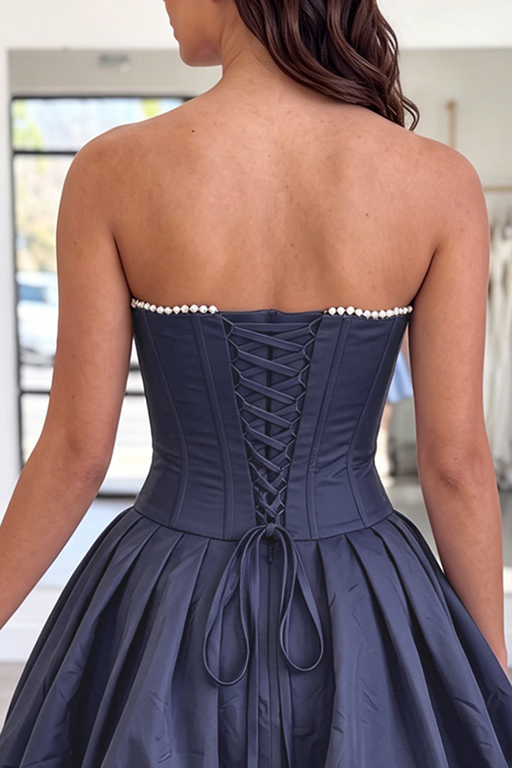 Navy Strapless A Line Beaded Short Corset Homecoming Dress with 3D Flower