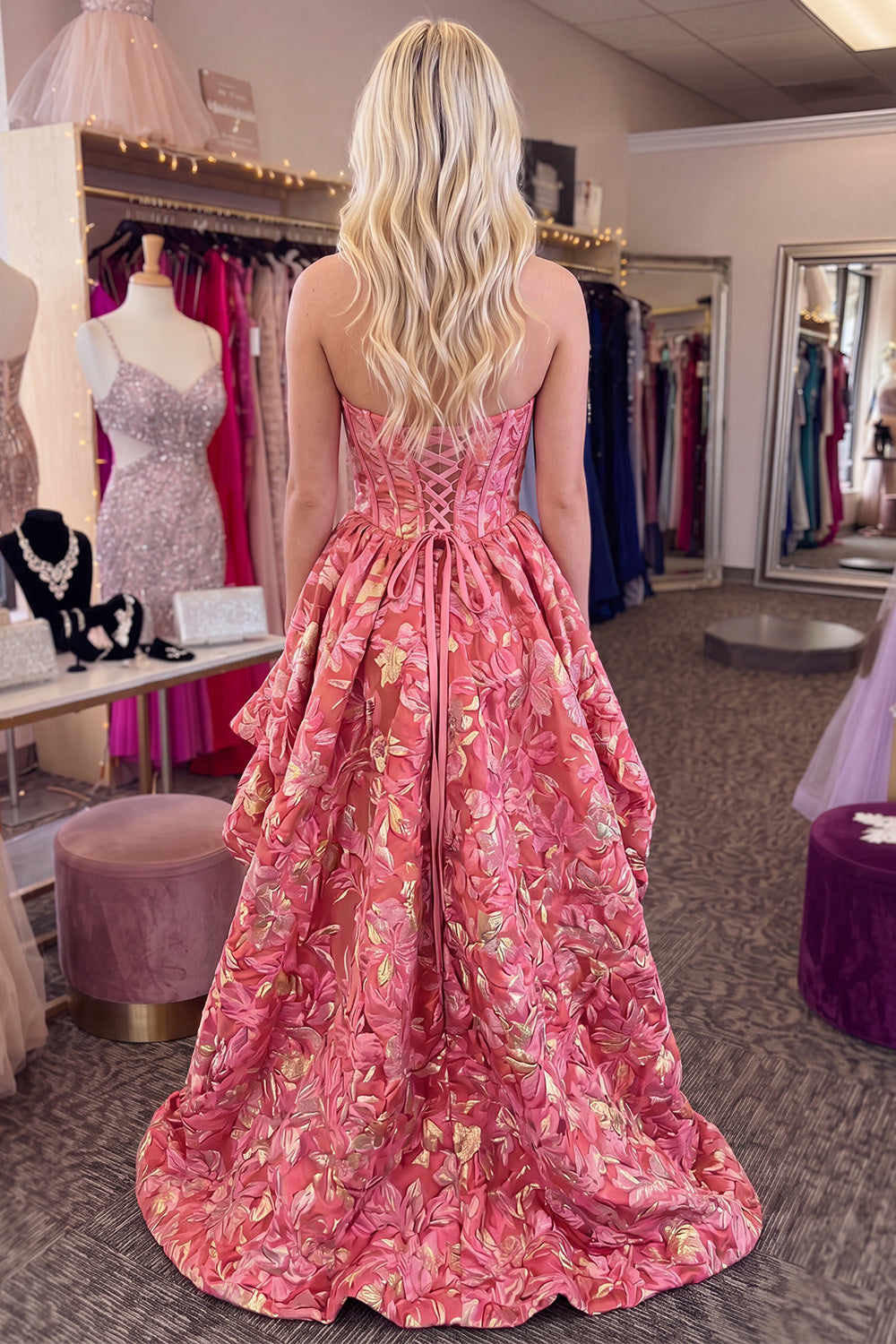 Red Floral Strapless Corset A Line High Low Homecoming Dress
