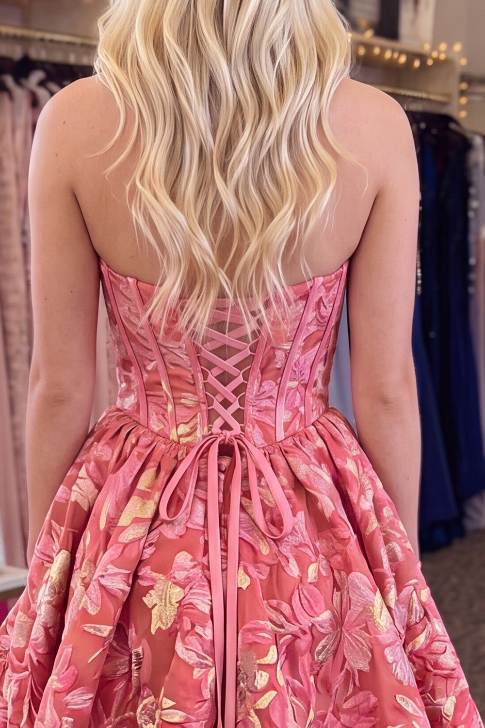 Red Floral Strapless Corset A Line High Low Homecoming Dress