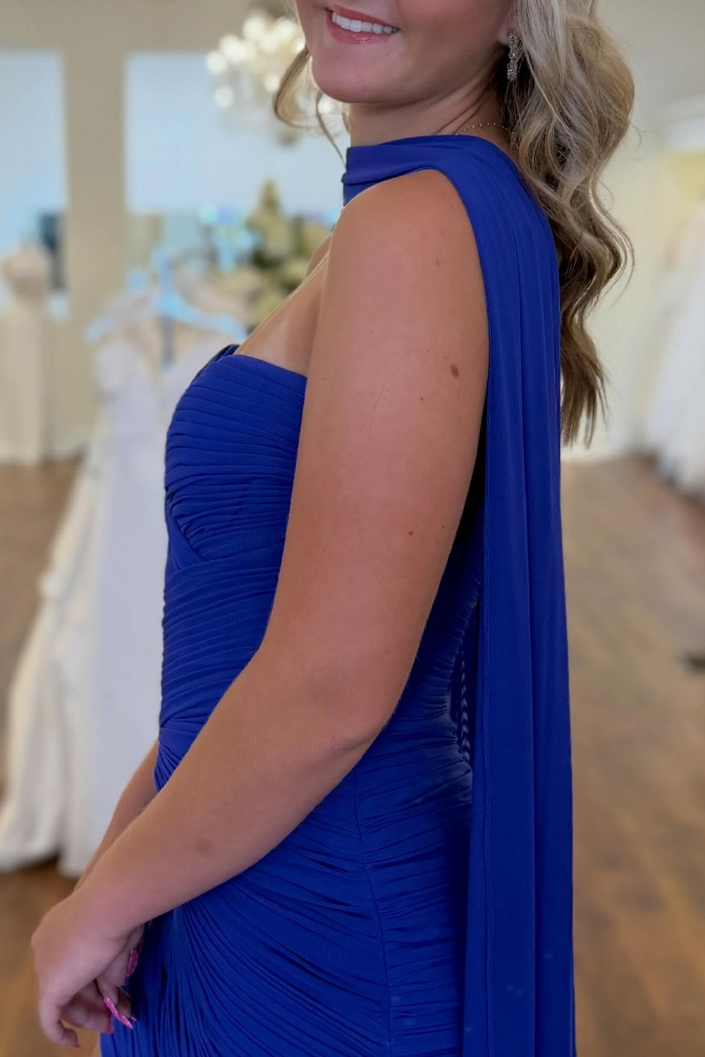 Royal Blue Pleated Tight Strapless Neck Scarf Short Homecoming Dress