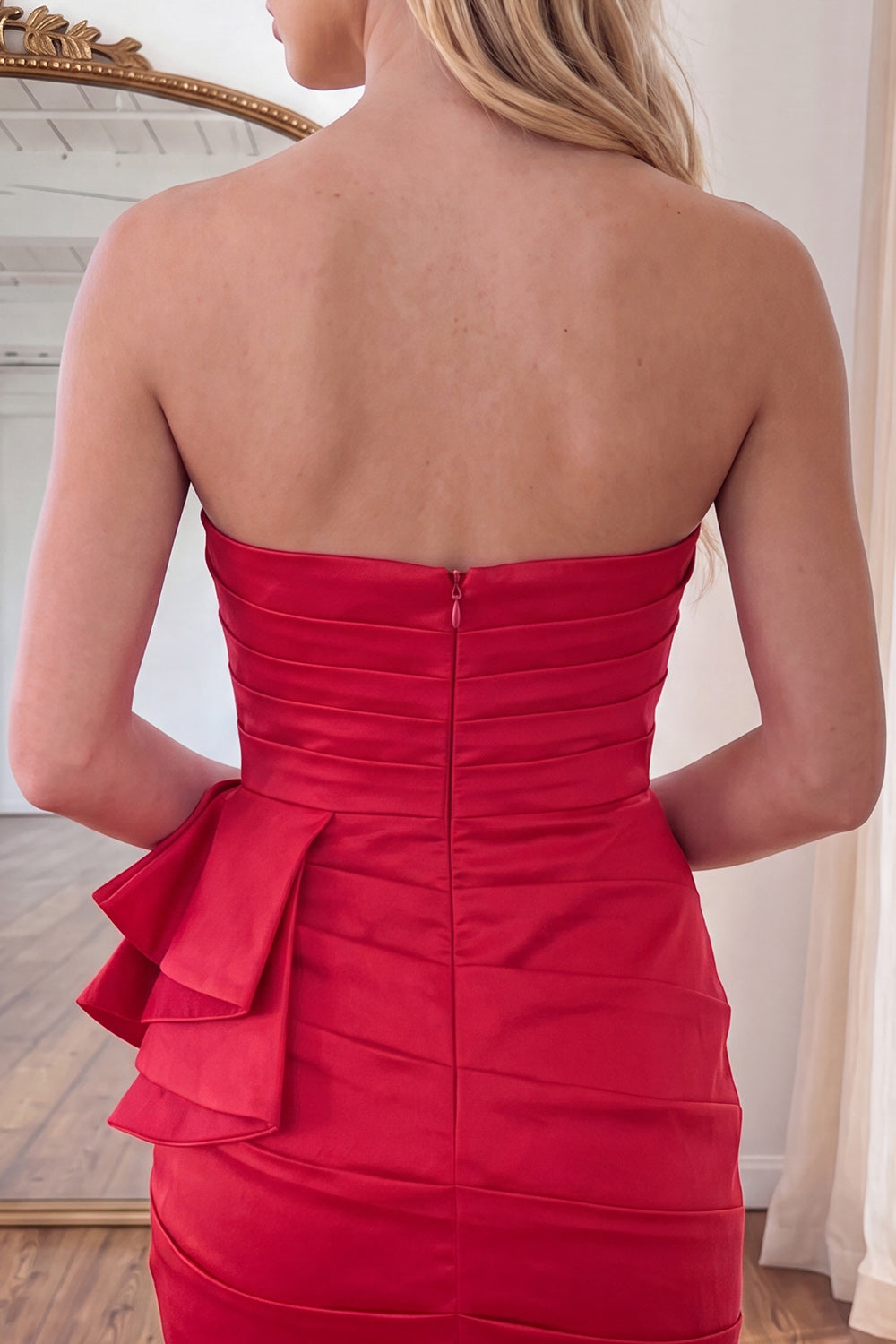 Red Ruffled Strapless Ruched Tight Short Homecoming Dress