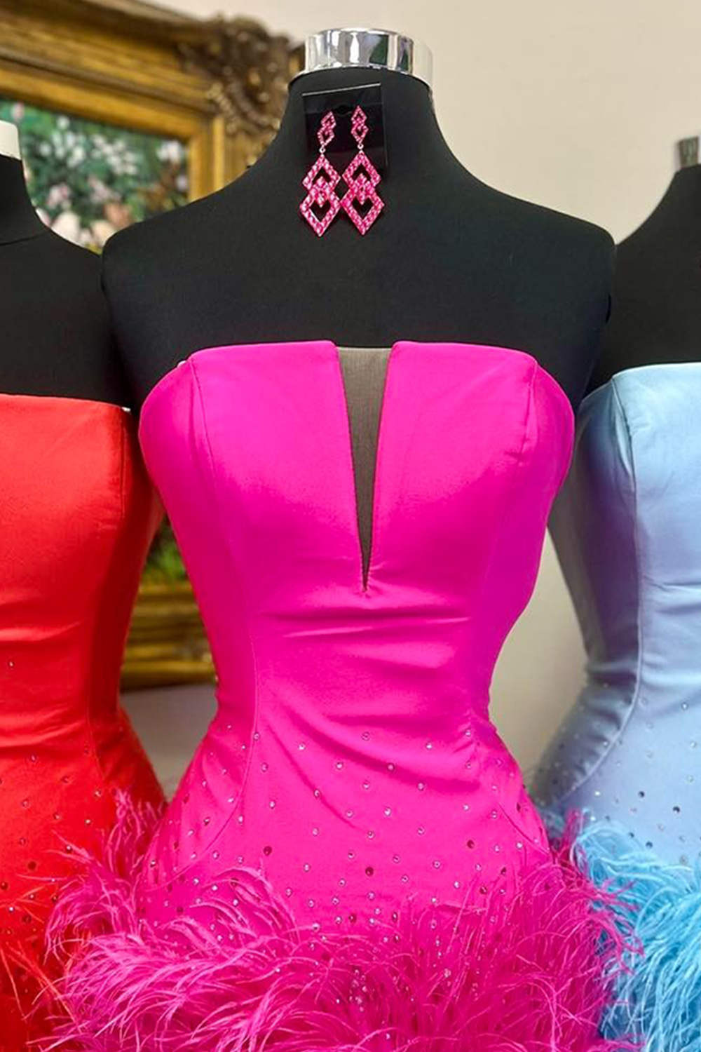Sparkly Fuchsia Strapless Beaded Short Homecoming Dress with Feathers