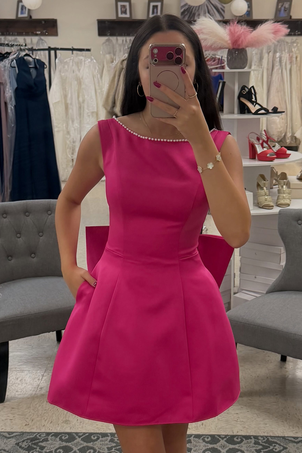 Fuchsia Boat Neck Ruffled Short Homecoming Dress with Pearls