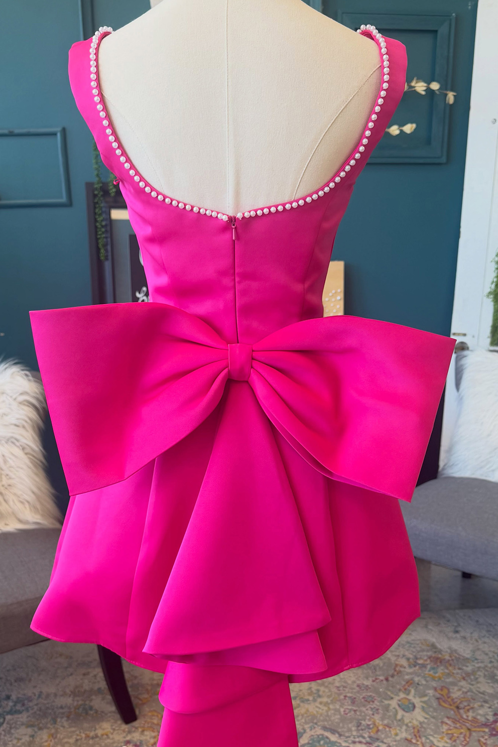 Fuchsia Boat Neck Ruffled Short Homecoming Dress with Pearls