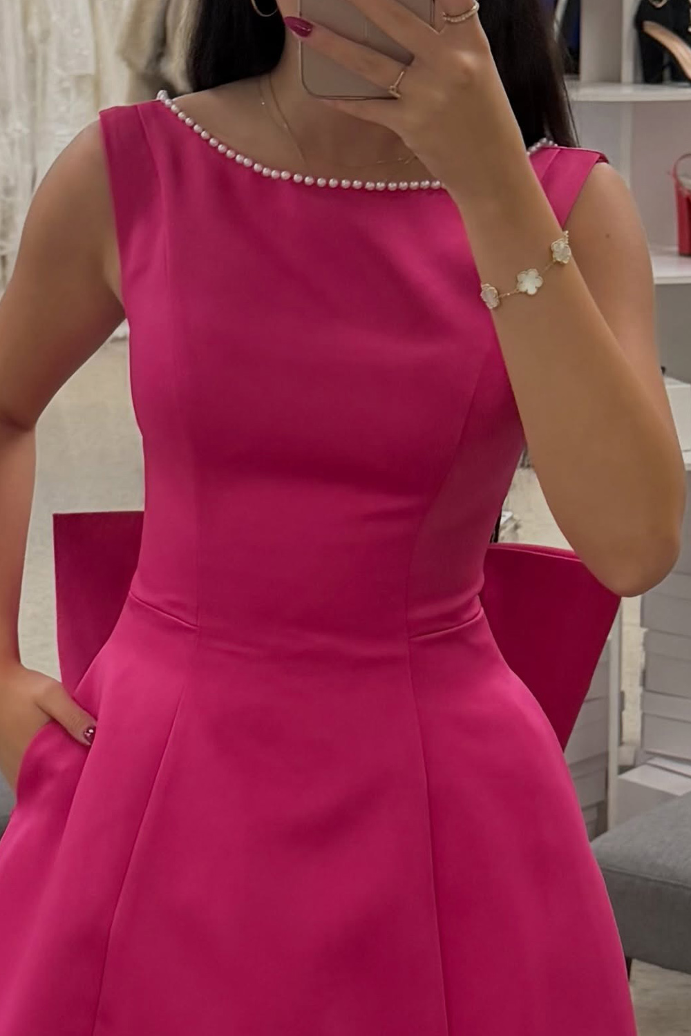 Fuchsia Boat Neck Ruffled Short Homecoming Dress with Pearls