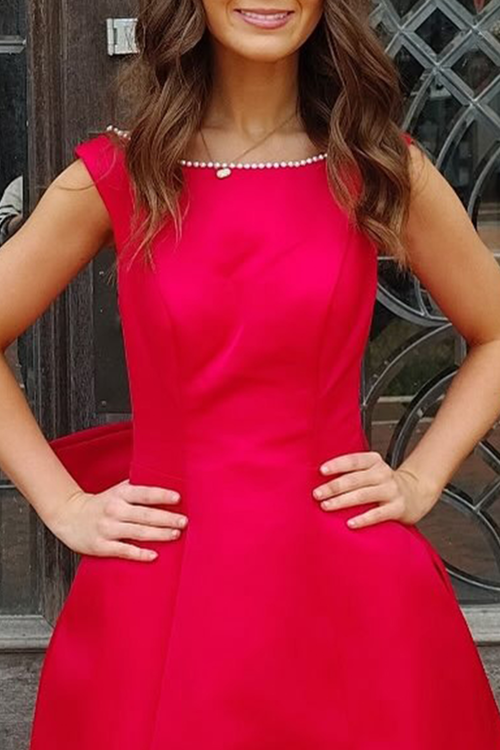 Fuchsia Boat Neck Ruffled Short Homecoming Dress with Pearls