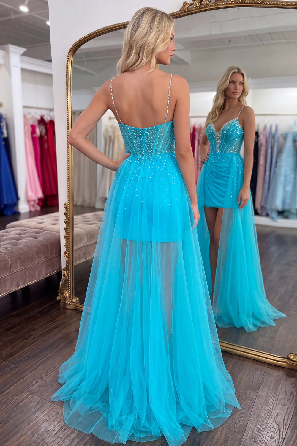 Sparkly Turquoise Beaded Short Corset Tight Homecoming Dress with Cape