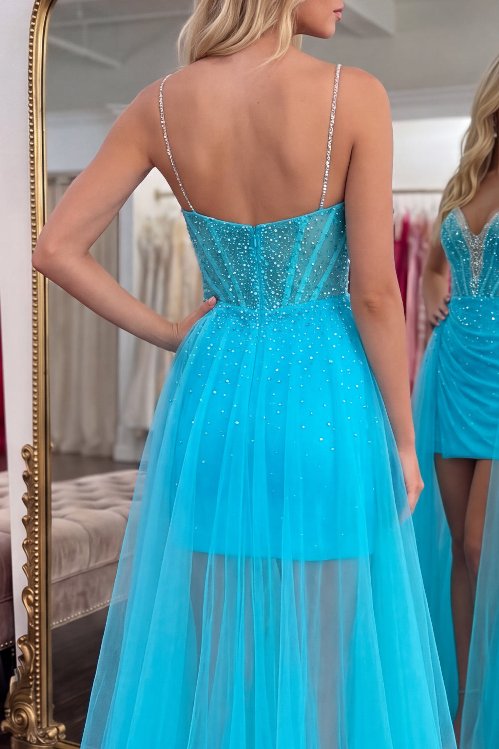 Sparkly Turquoise Beaded Short Corset Tight Homecoming Dress with Cape