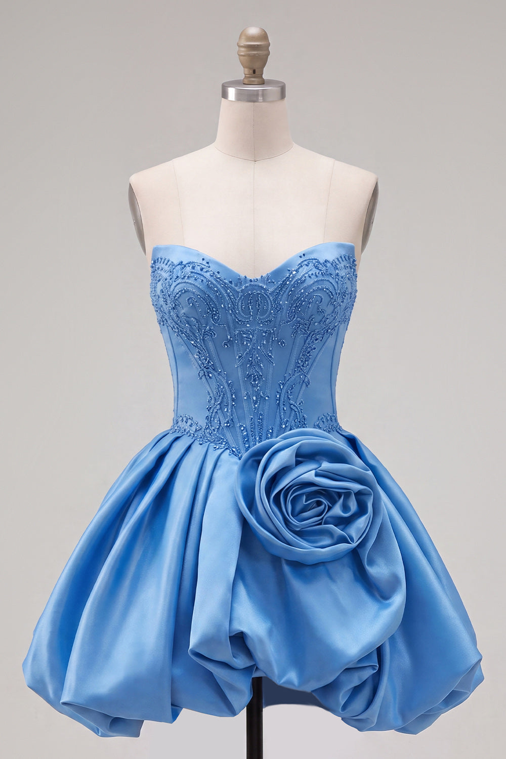 Dark Blue Corset A-Line Beaded Short Homecoming Dress with 3D Flower