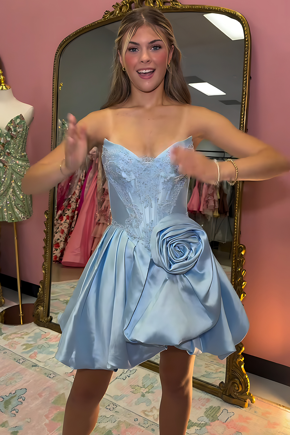 Dark Blue Corset A-Line Beaded Short Homecoming Dress with 3D Flower