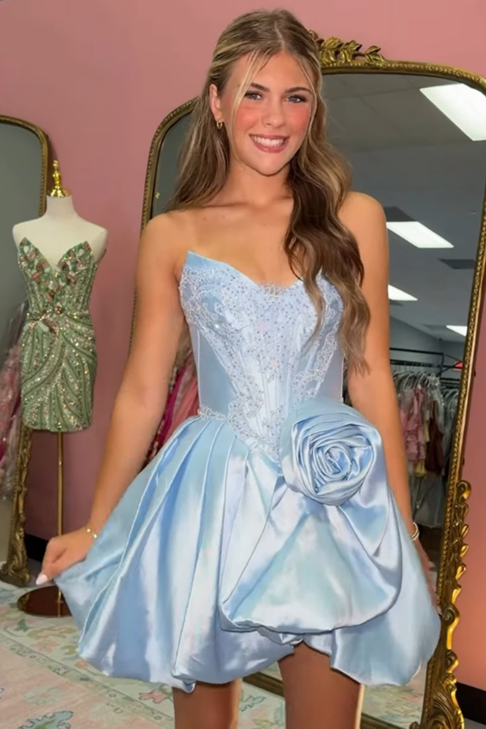 Dark Blue Corset A-Line Beaded Short Homecoming Dress with 3D Flower
