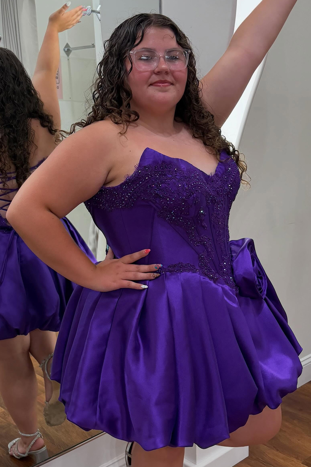 Purple Sweetheart Corset Appliqued Short Bubble Homecoming Dress with 3D Flower