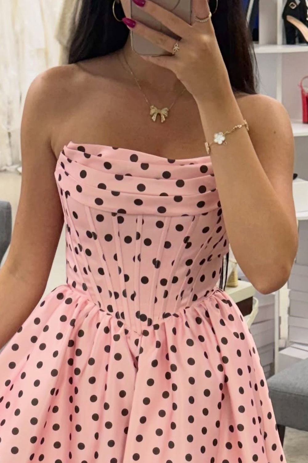 Black and White Polka Dots A-Line Strapless Short Corset Homecoming Dress