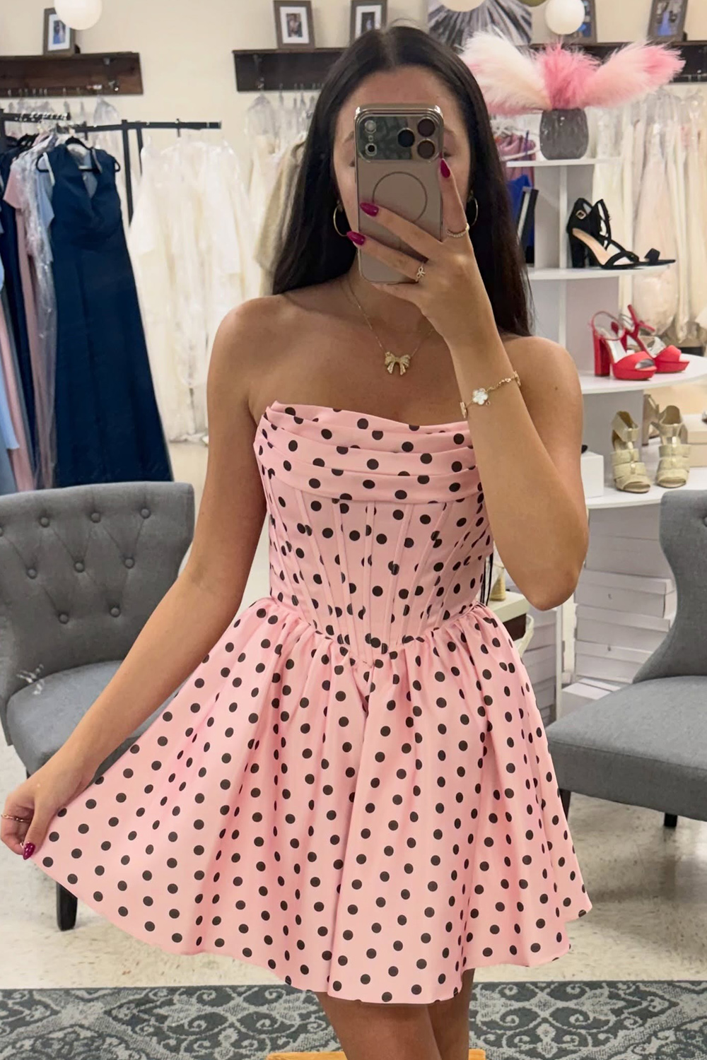 Black and White Polka Dots A-Line Strapless Short Corset Homecoming Dress