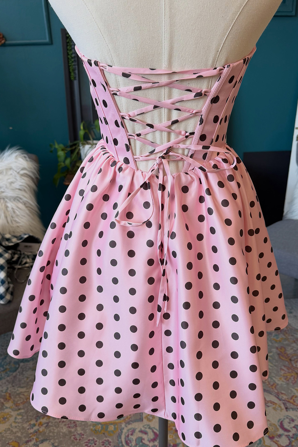 Black and White Polka Dots A-Line Strapless Short Corset Homecoming Dress