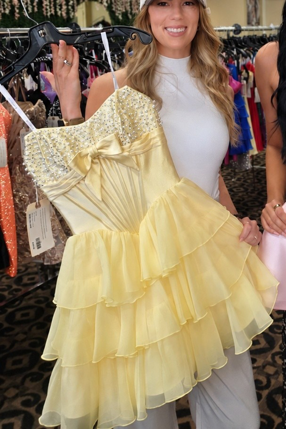 Pink Strapless Tiered Short Ruffled Corset Homecoming Dress with Pearls