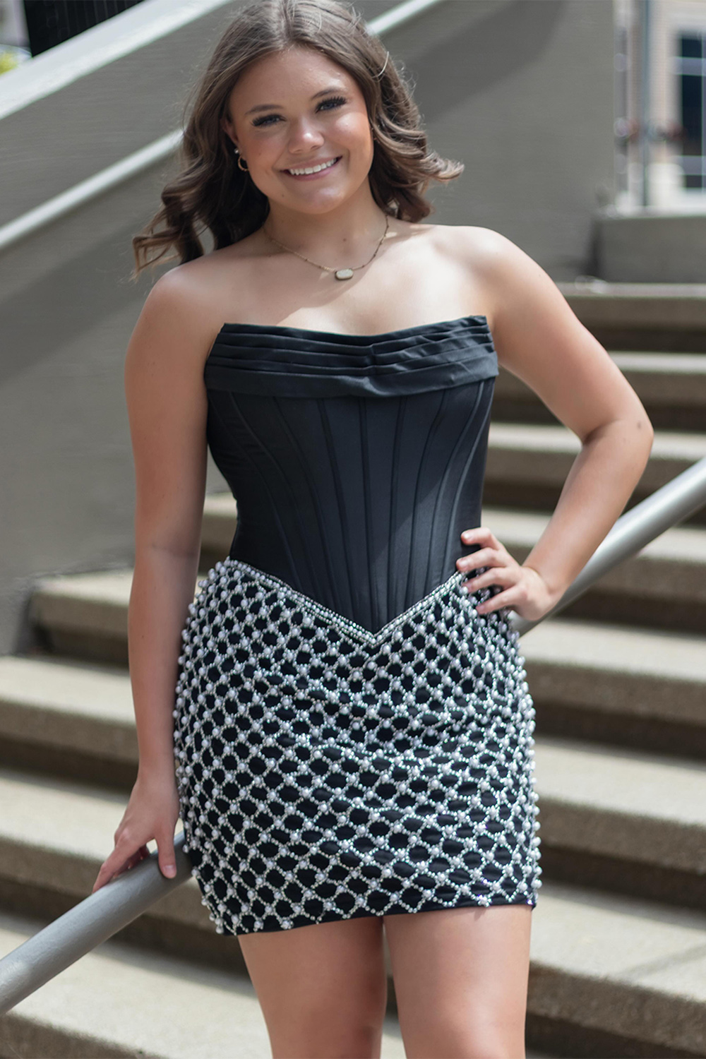 Black Tight Corset Strapless Short Homecoming Dress with Pearls