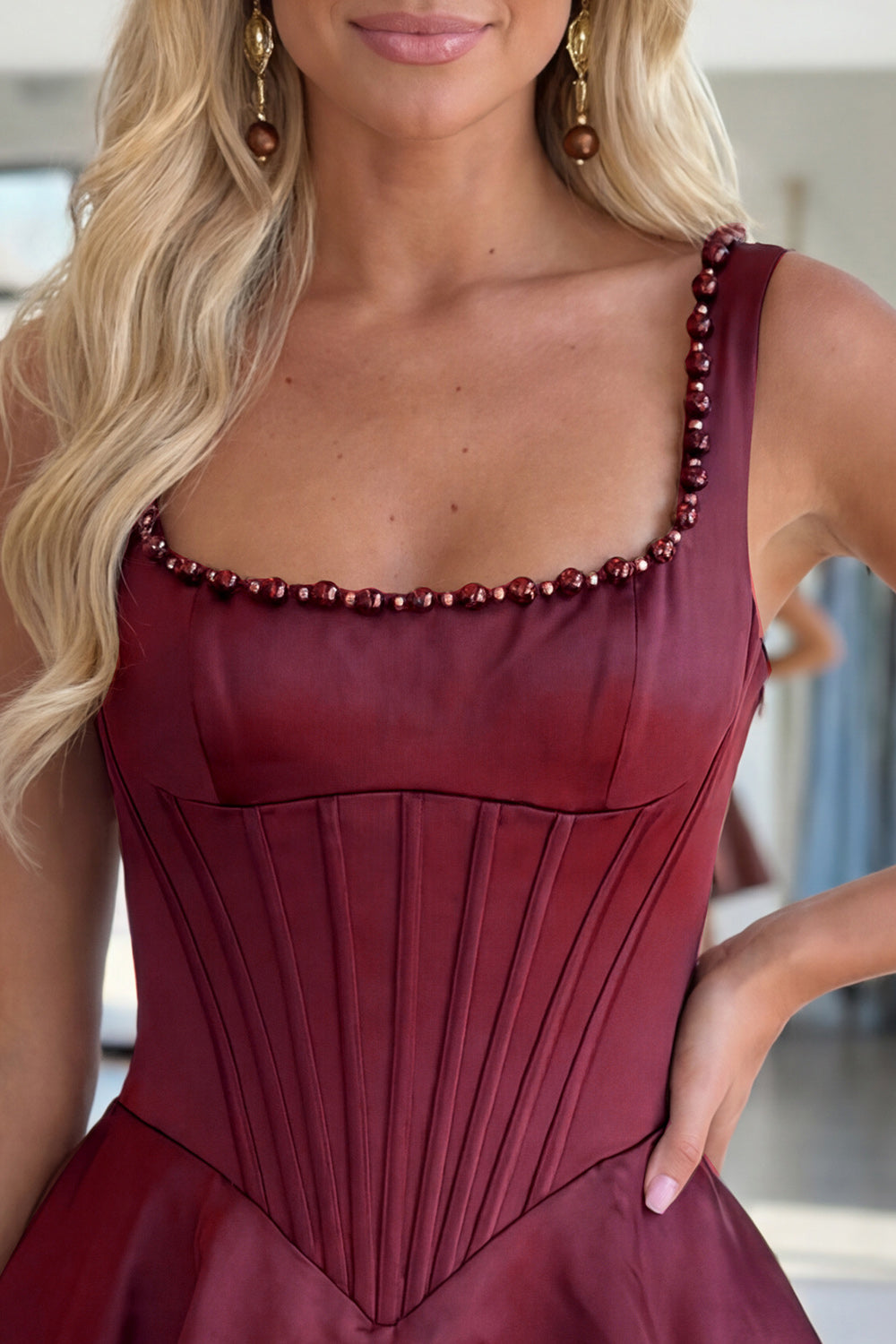 Sparkly Burgundy Short A Line Corset Homecoming Dress with Pearls