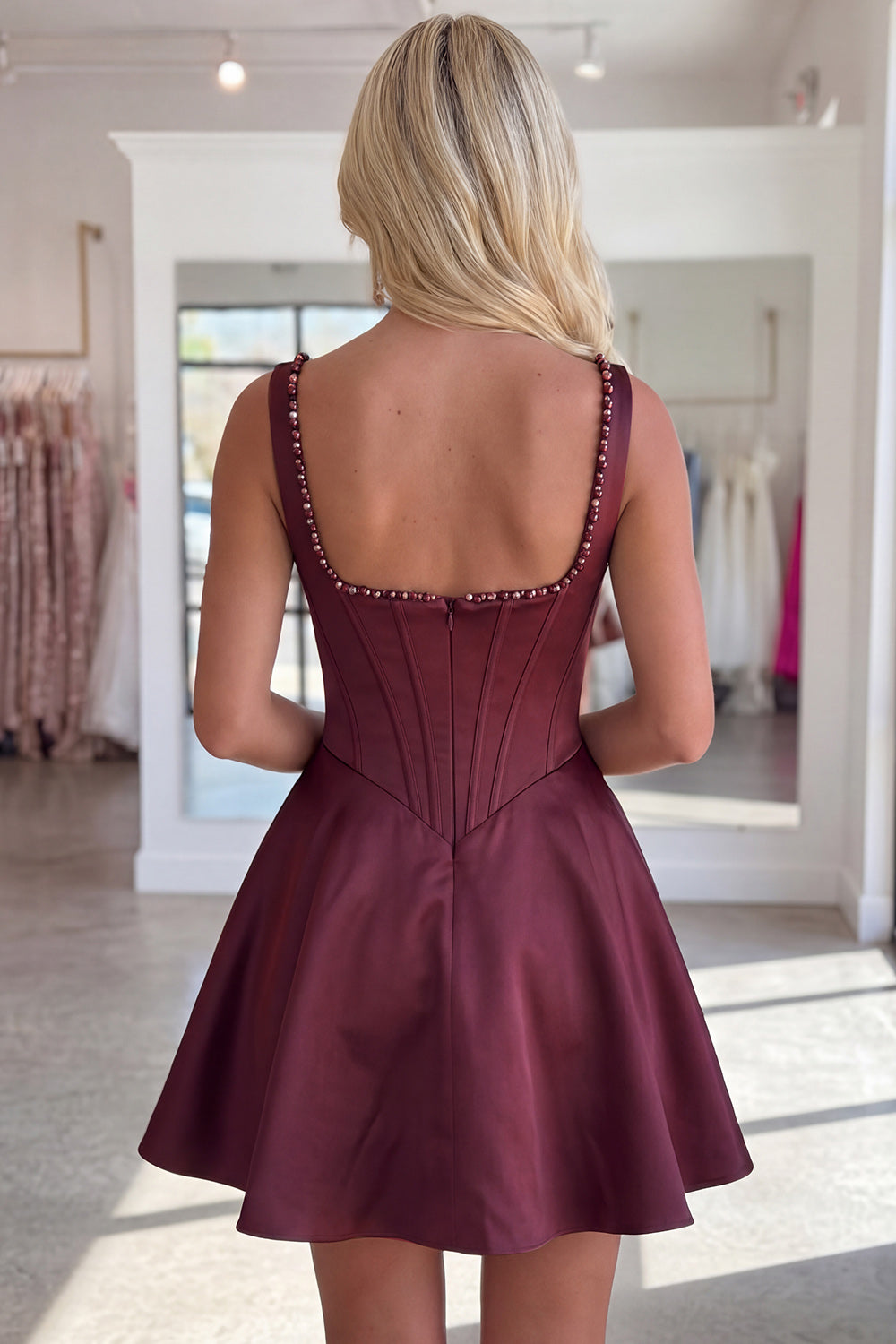 Sparkly Burgundy Short A Line Corset Homecoming Dress with Pearls