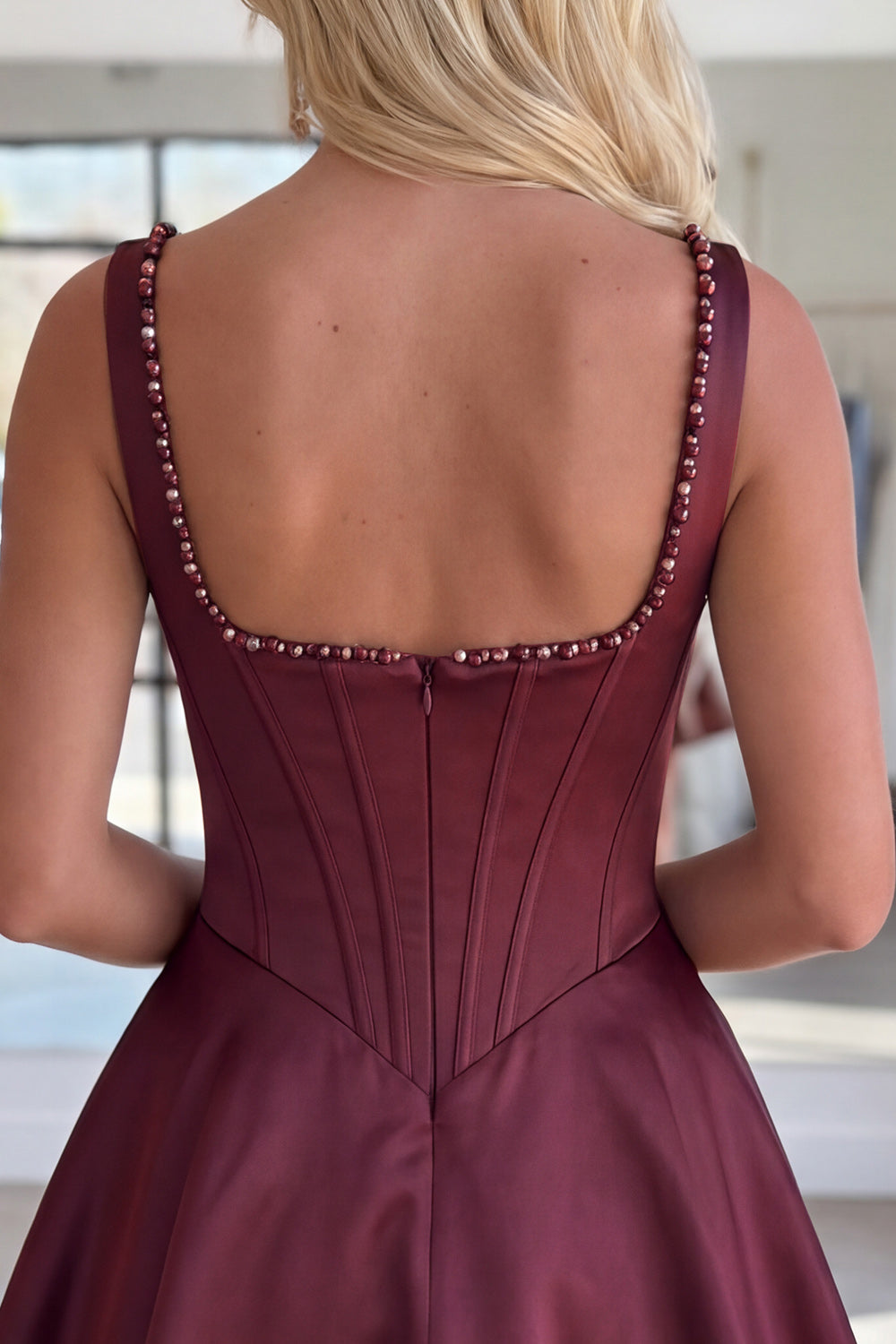 Sparkly Burgundy Short A Line Corset Homecoming Dress with Pearls