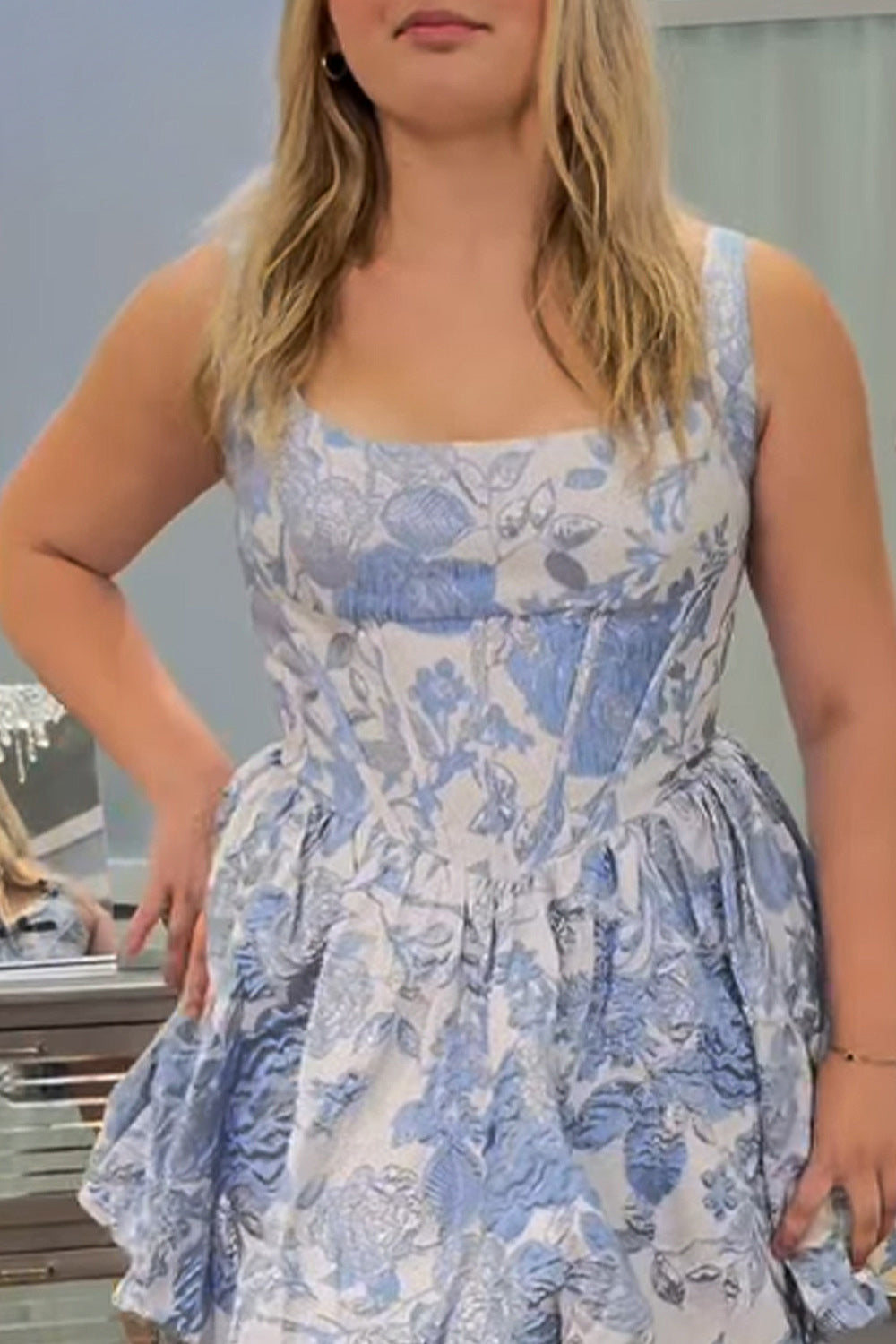 Floral Blue Corset Jacquard Short Homecoming Dress