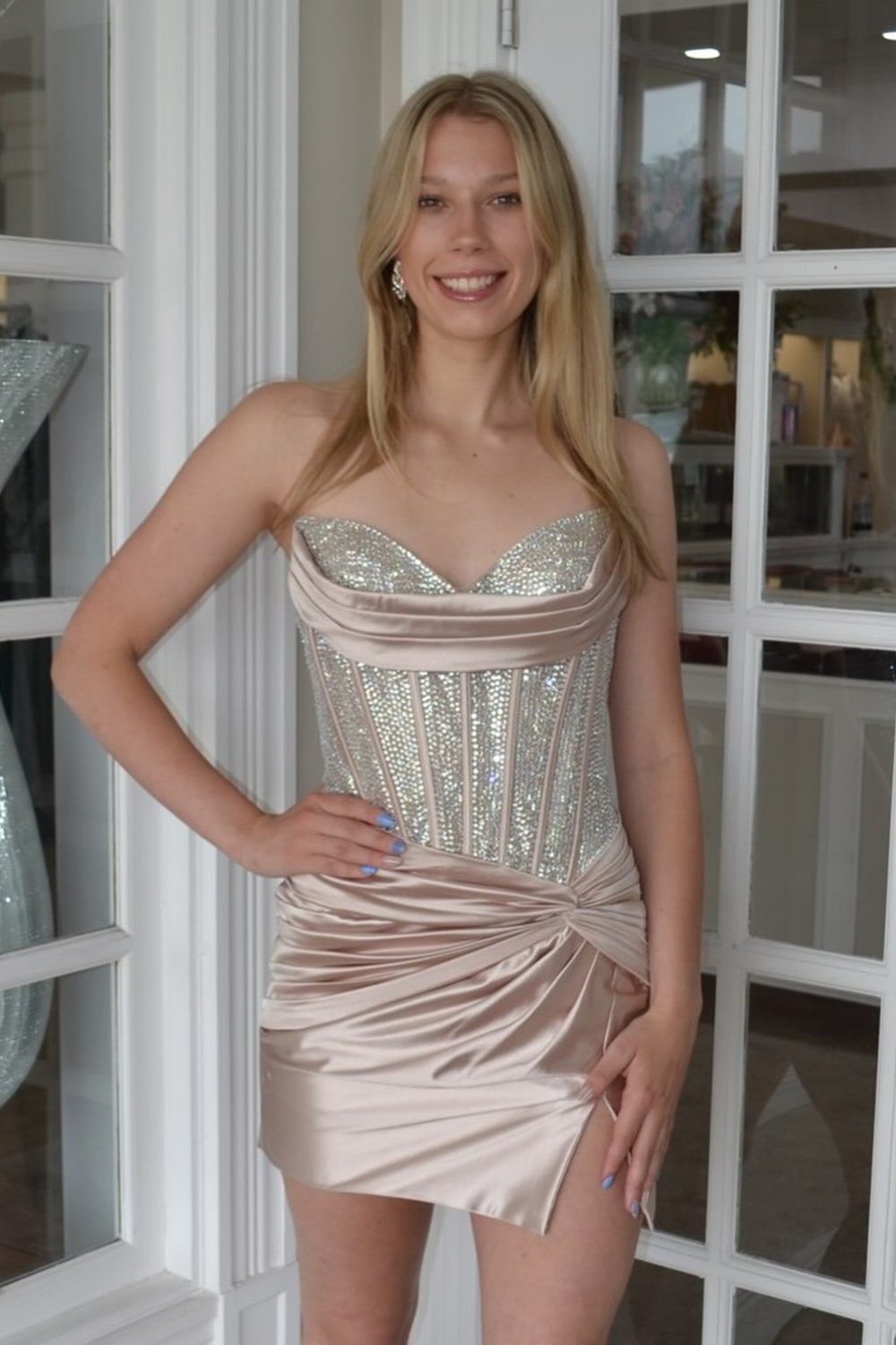Sparkly Sequin Royal Blue Corset Short Tight Homecoming Dress with Slit