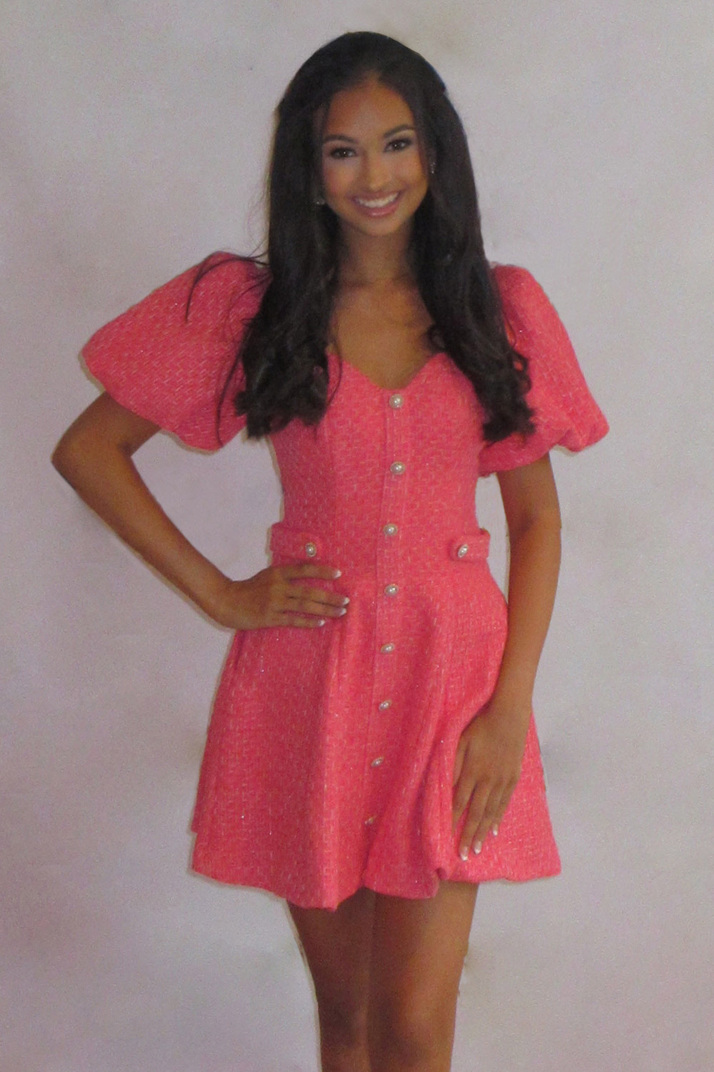Coral Tweed A Line V-Neck Short Homecoming Dress
