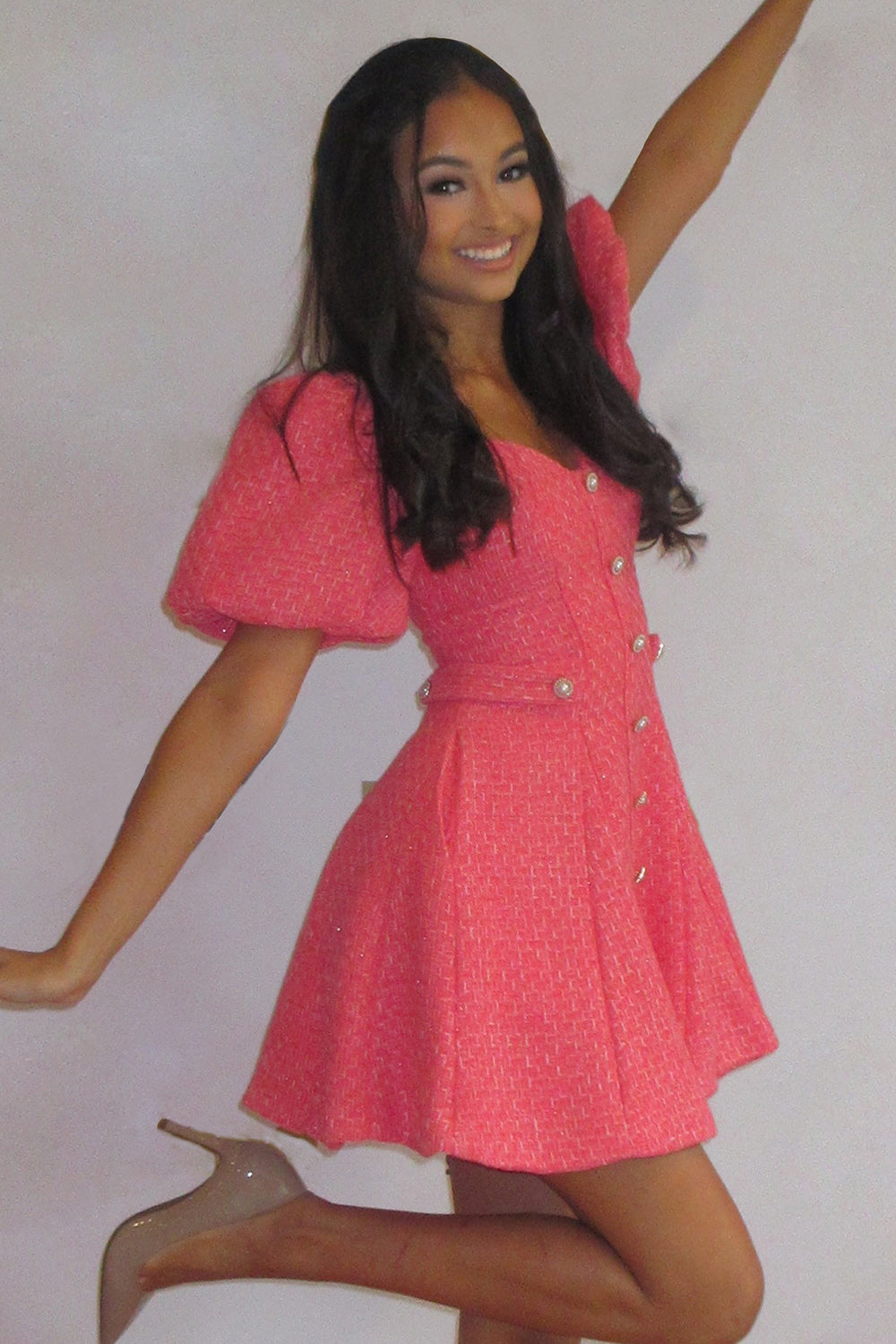 Coral Tweed A Line V-Neck Short Homecoming Dress
