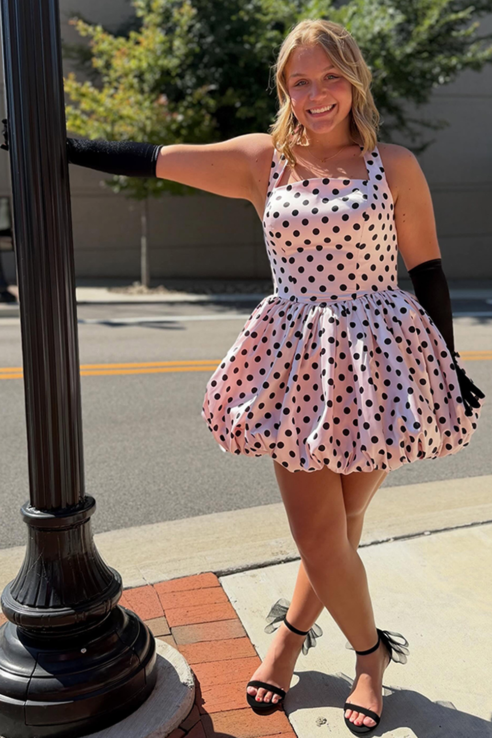 Pink and Black Polka Dots Halter A Line Short Homecoming Dress