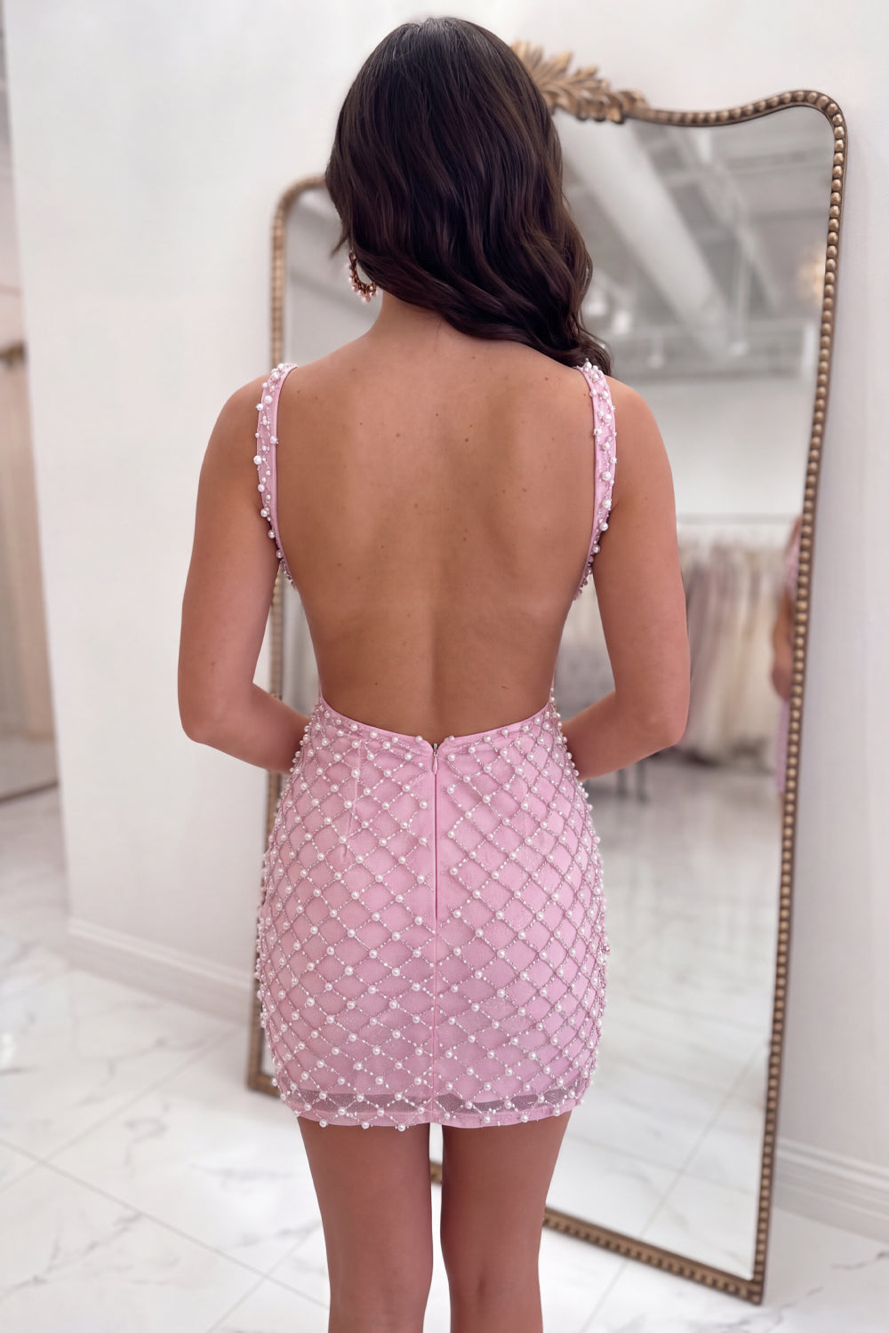 Sparkly Pink Cut Out Tight Short Homecoming Dress with Pearls