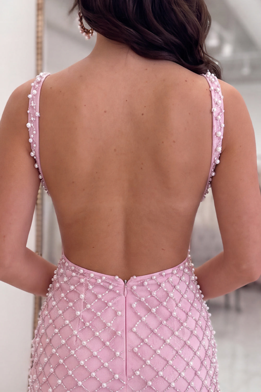 Sparkly Pink Cut Out Tight Short Homecoming Dress with Pearls
