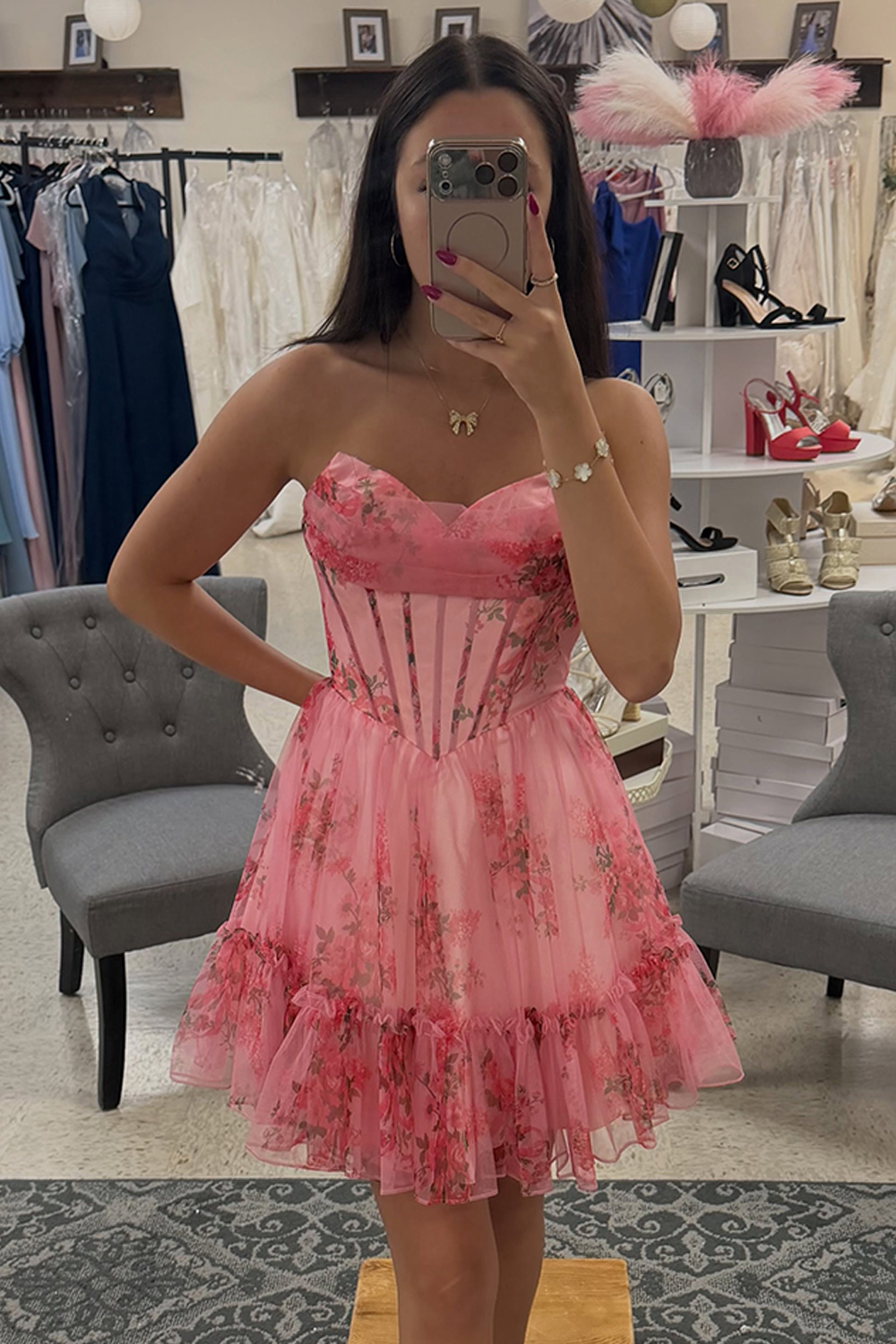 Blue A-Line Strapless Floral Ruffled Corset Short Homecoming Dress