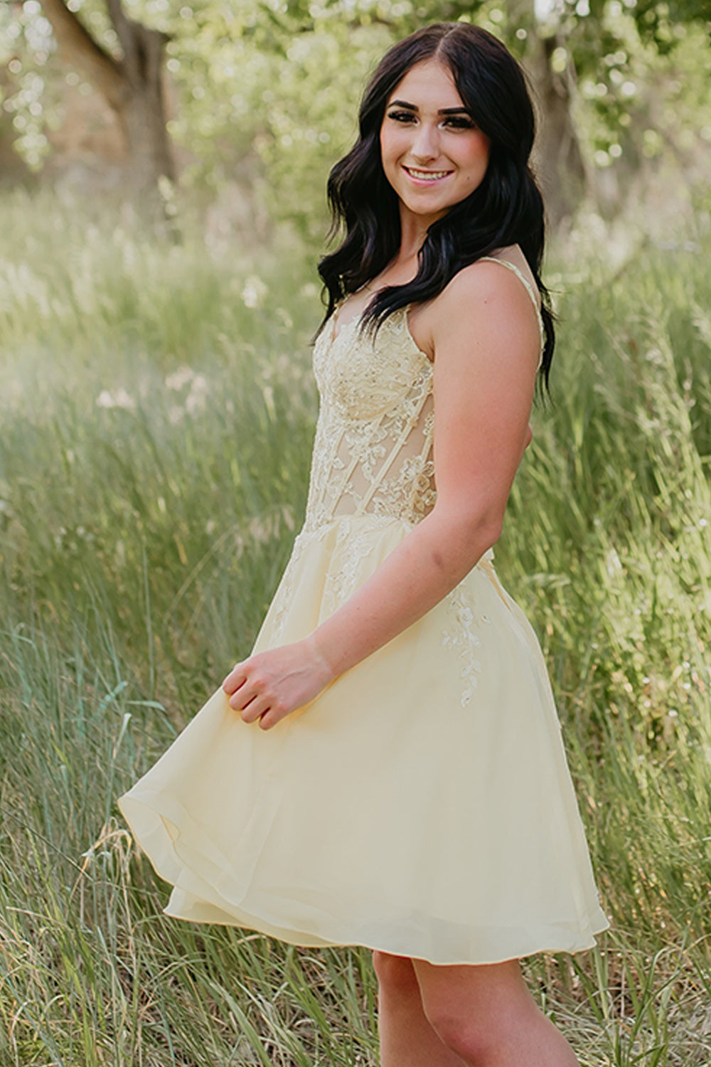 Corset Yellow V-Neck Short Homecoming Dress with Pockets