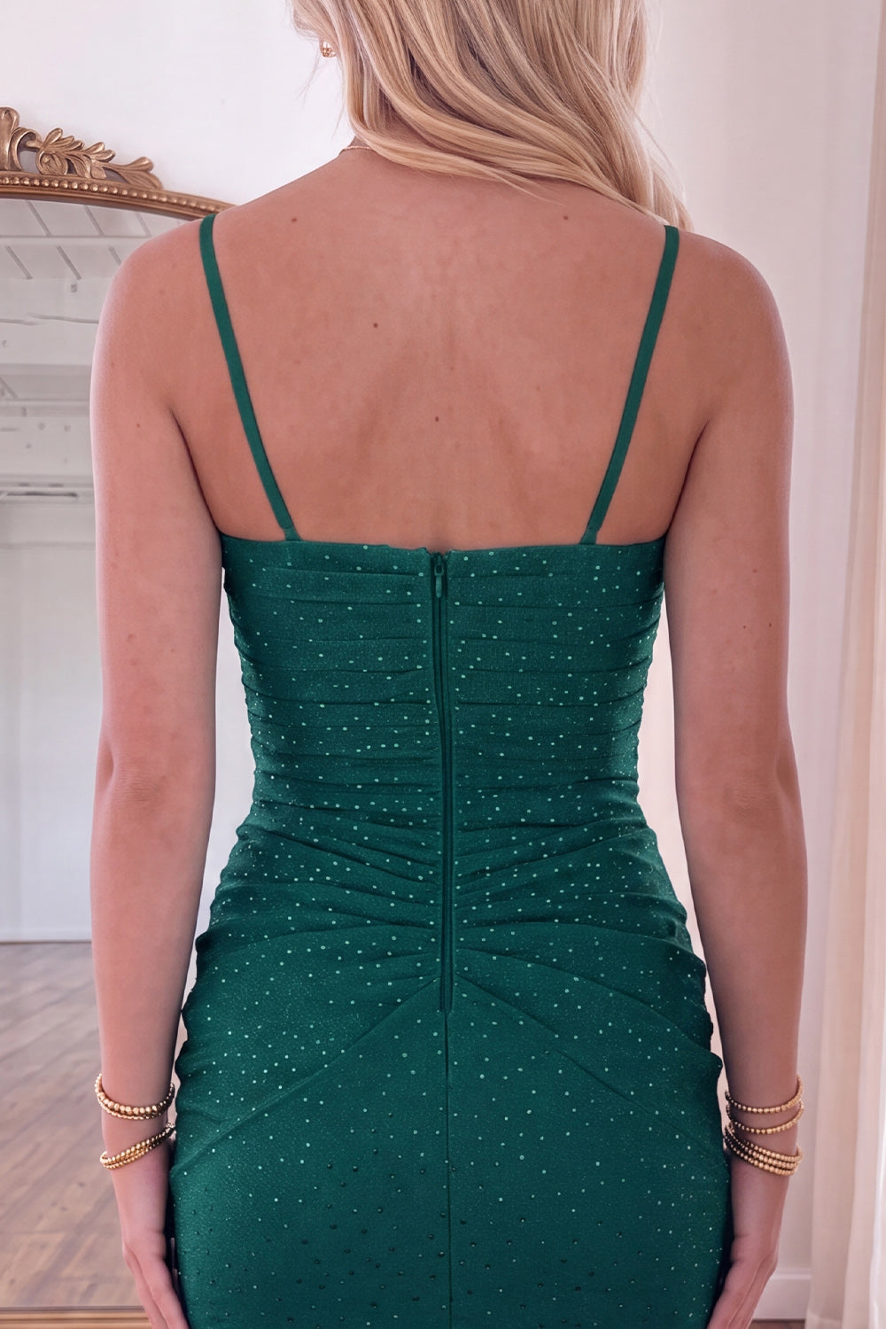 Sparkly Green Ruched Spaghetti Straps Short Homecoming Dress with Beading