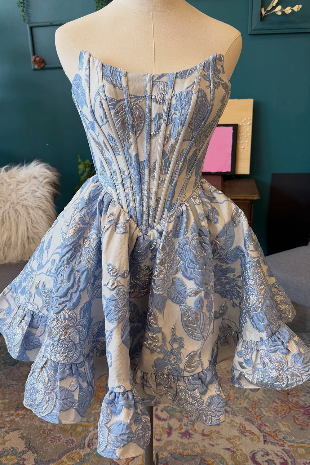 Corset Floral Blue Strapless Short Homecoming Dress