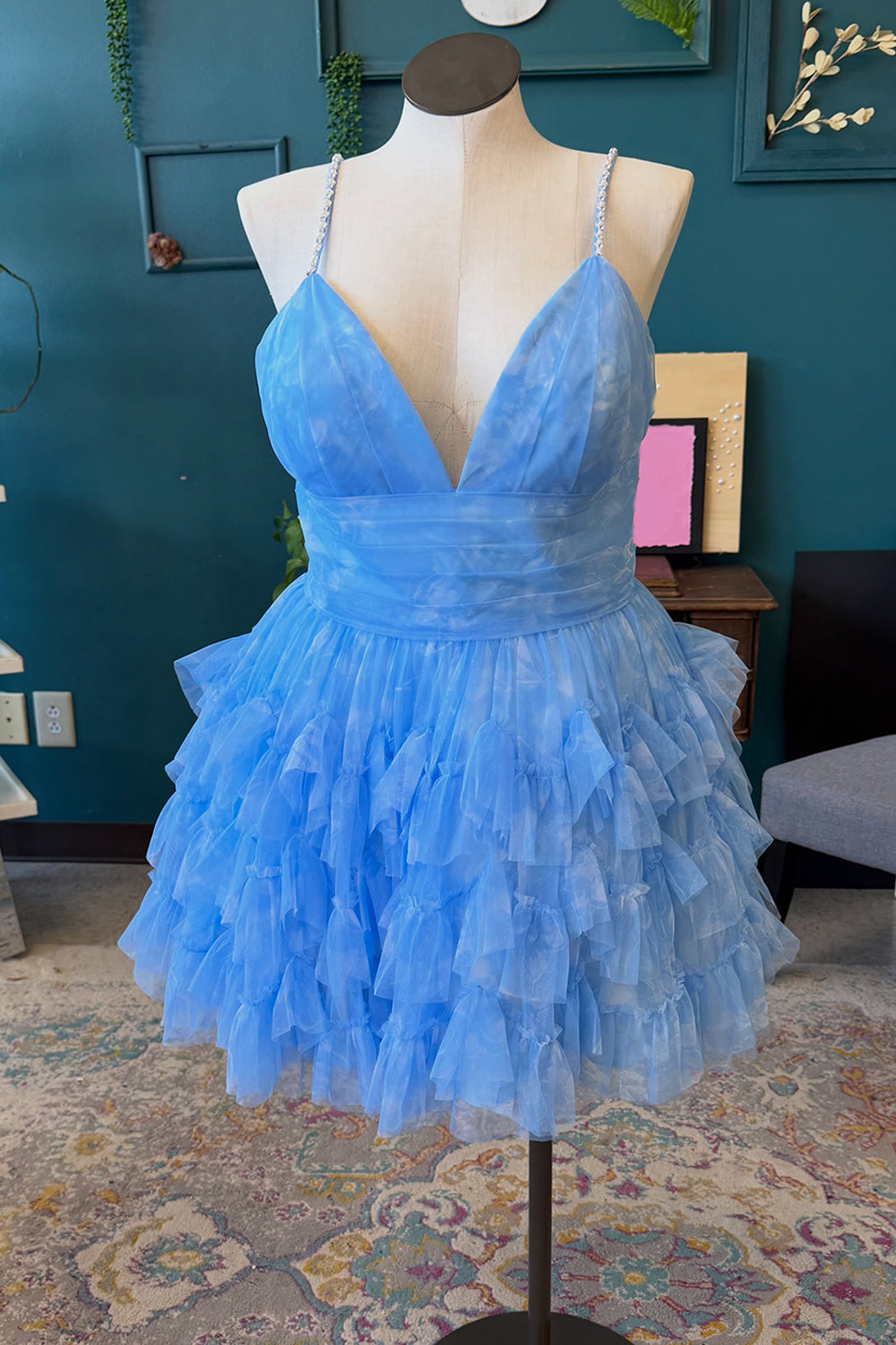 Ruffled Blue V-Neck A-Line Short Homecoming Dress